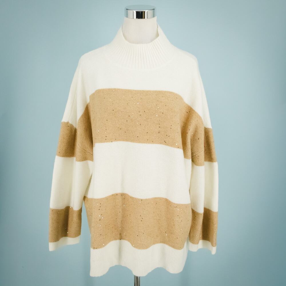 Talbots Plus Size 3X White Tan Sequin Stripe Mock Turtleneck Wool Blend Sweater
